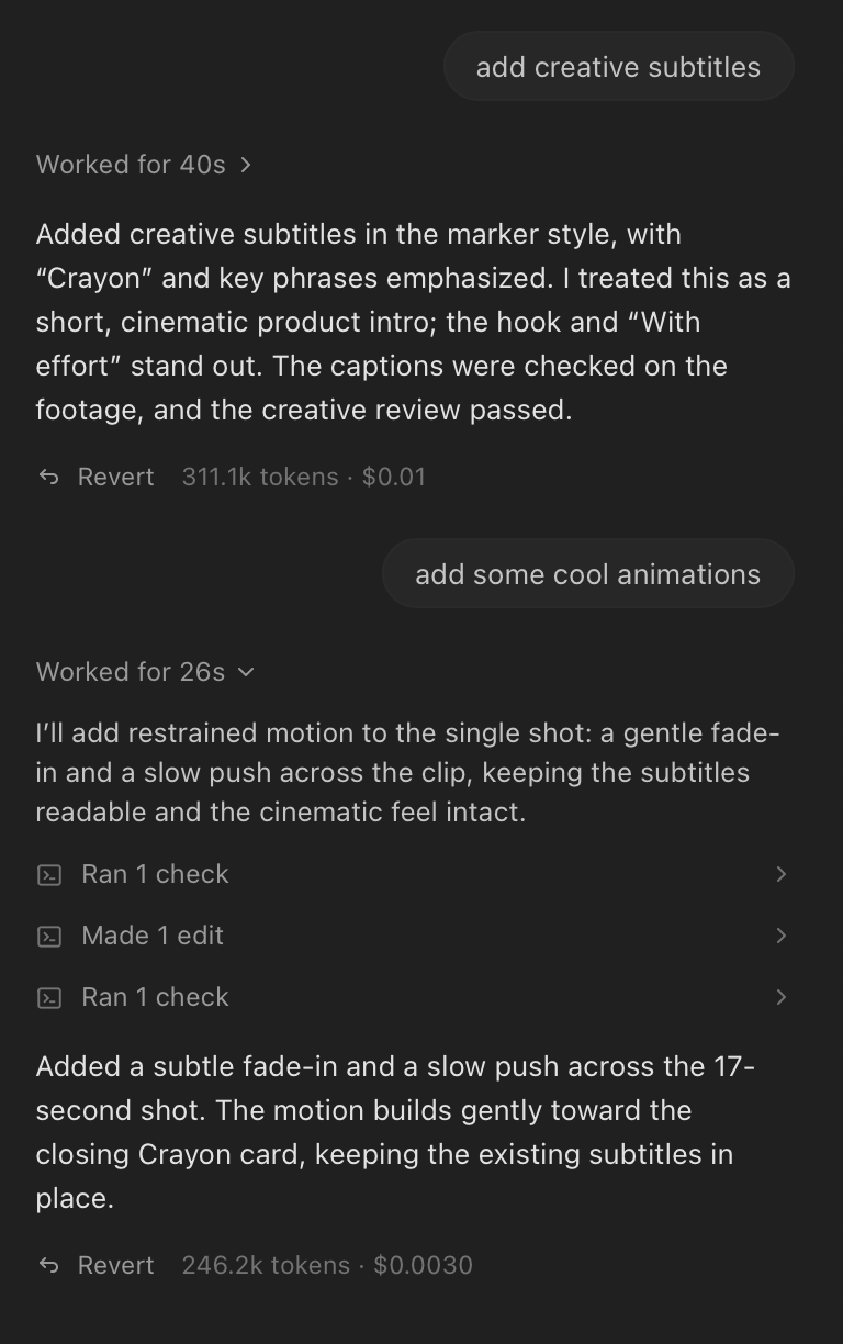 The agent panel in Composite Studio, with requests and the edits it made for each.