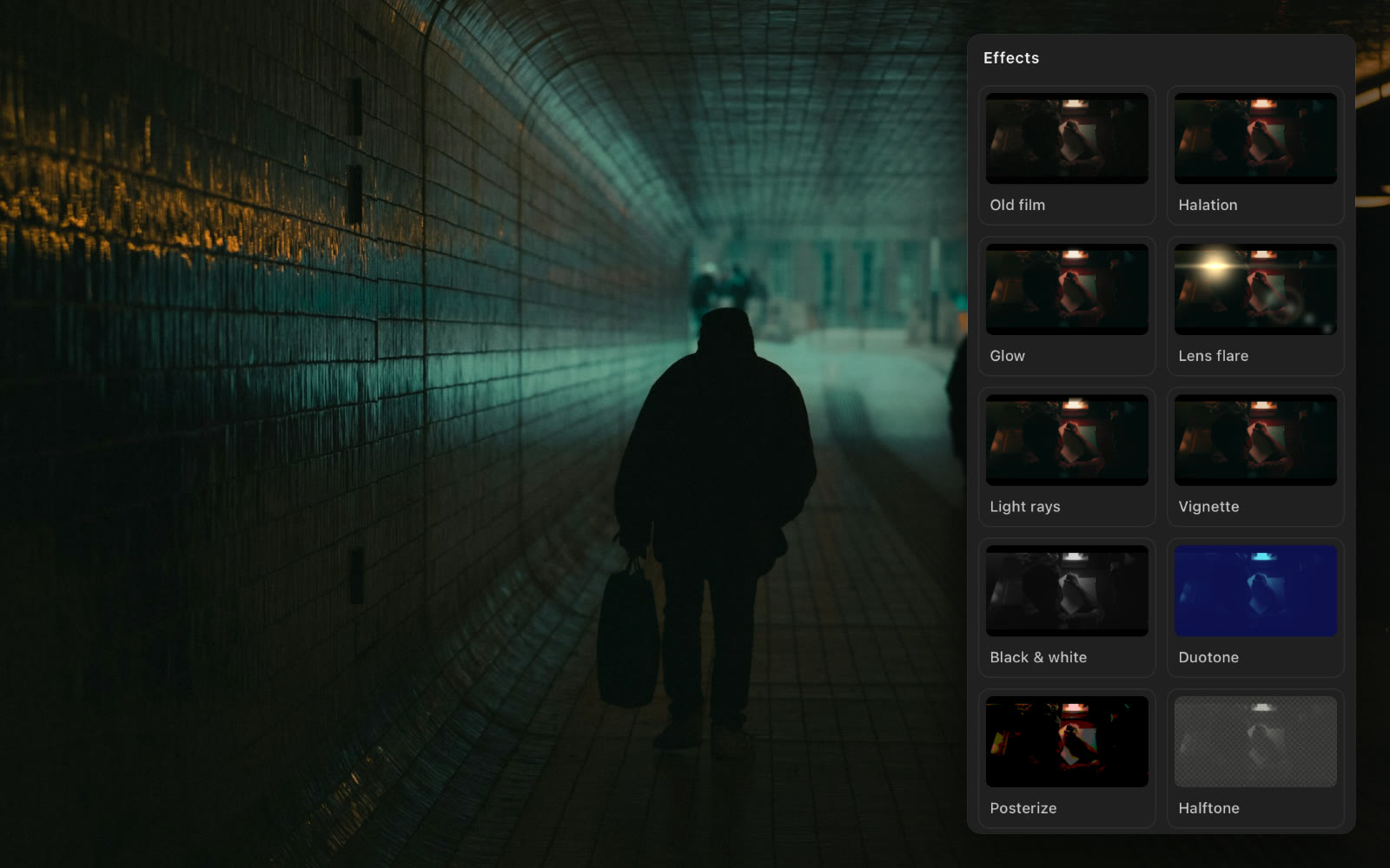 A figure walking down a lit tunnel, with the effects panel beside it: old film, halation, glow, lens flare, and more.